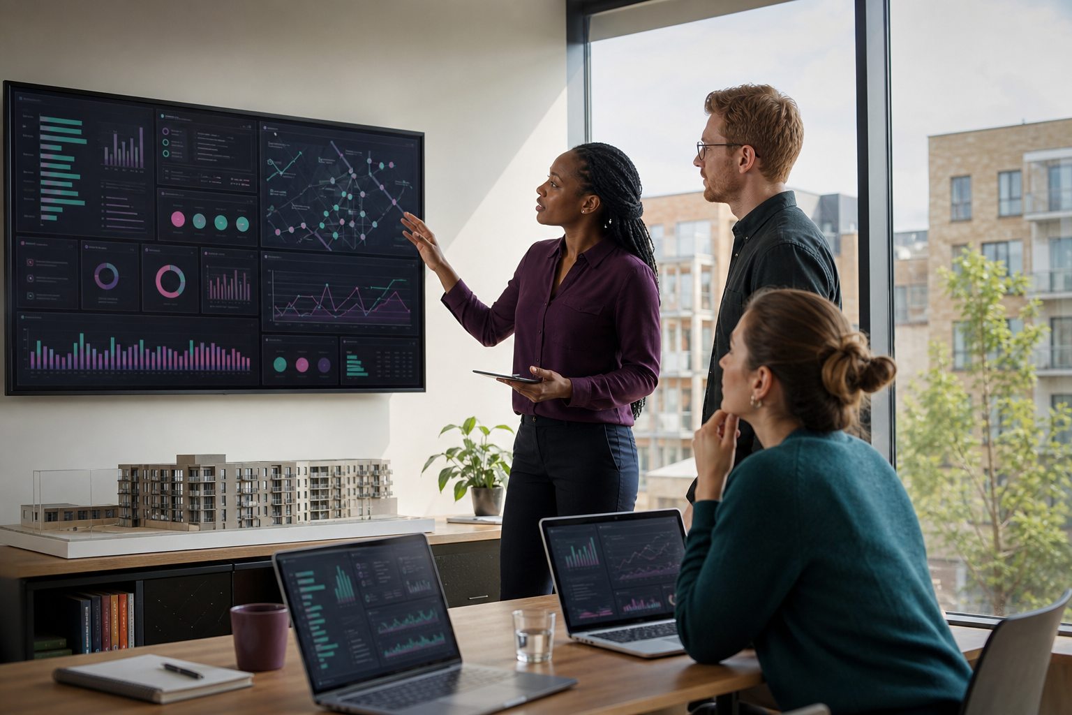 A team monitoring energy performance across residential buildings